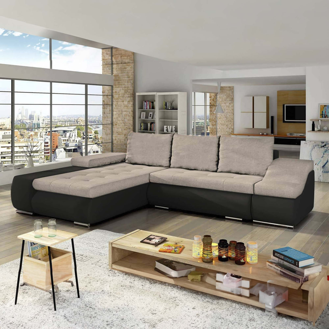LOHAN Canapé d’angle convertible coffre de rangement en tissu beige et simili noir – Angle Gauche