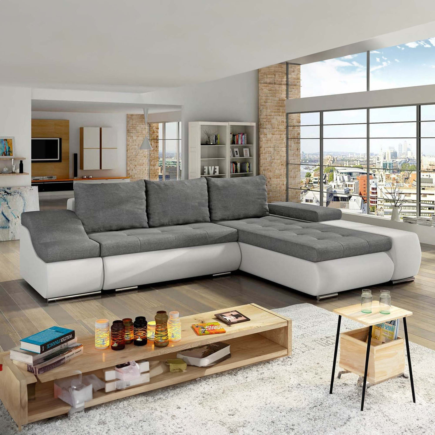 LOHAN Canapé d'angle convertible coffre de rangement gris et blanc - Angle Droit
