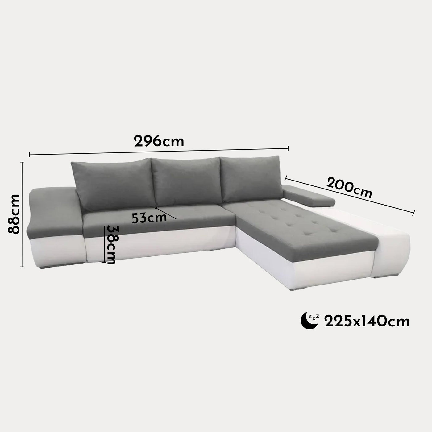 LOHAN Canapé d'angle convertible coffre de rangement gris et blanc - Angle Droit