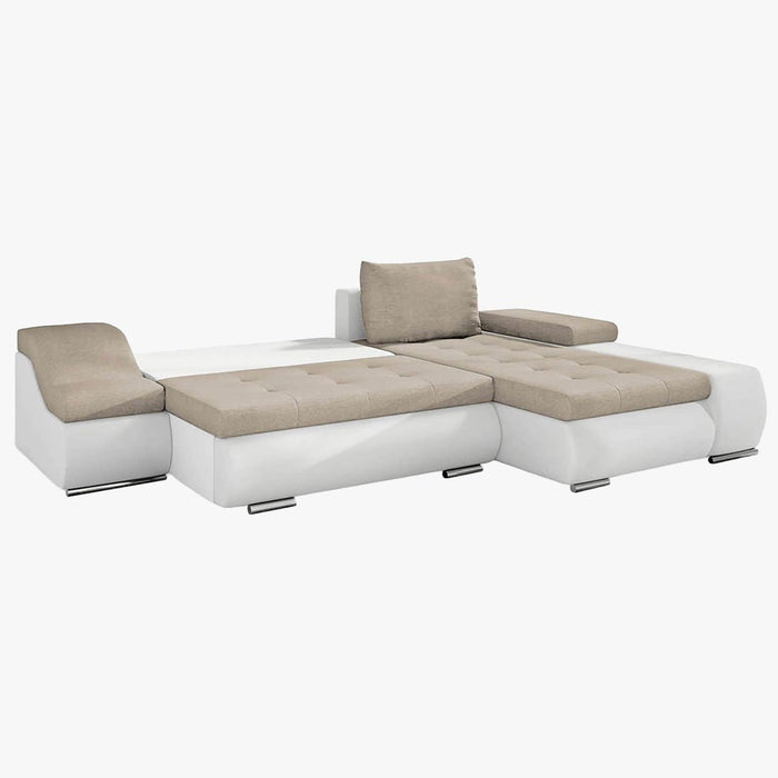 LOHAN Canapé d’angle convertible coffre de rangement en tissu beige et simili blanc - Angle droit