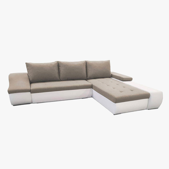 LOHAN Canapé d’angle convertible coffre de rangement en tissu beige et simili blanc - Angle droit