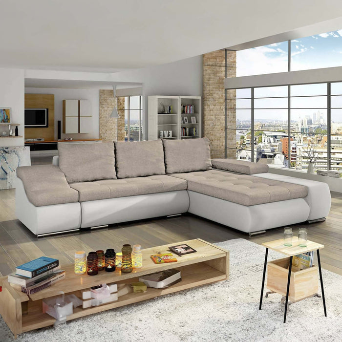 LOHAN Canapé d’angle convertible coffre de rangement en tissu beige et simili blanc - Angle droit