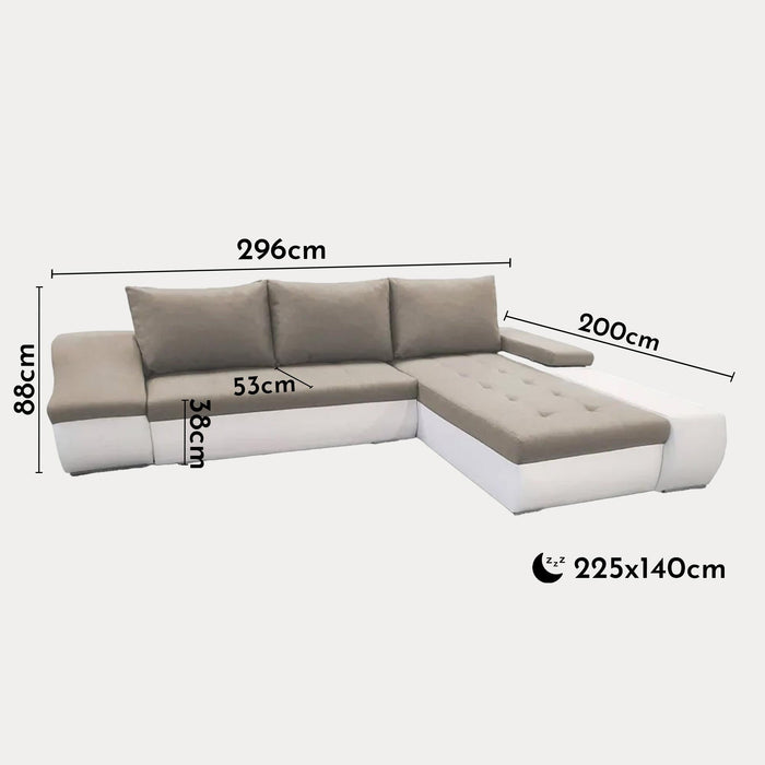 LOHAN Canapé d’angle convertible coffre de rangement en tissu beige et simili blanc - Angle droit