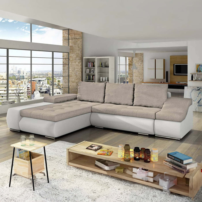 LOHAN Canapé d’angle convertible coffre de rangement en tissu beige et simili blanc – Angle Gauche