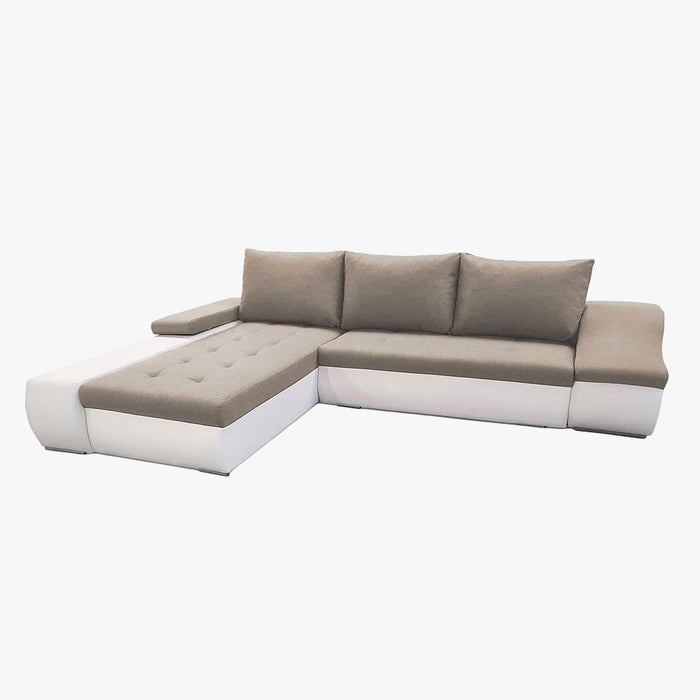 LOHAN Canapé d’angle convertible coffre de rangement en tissu beige et simili blanc – Angle Gauche