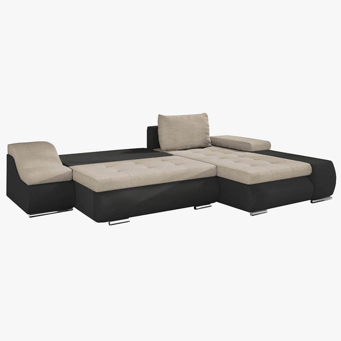 LOHAN Canapé d’angle convertible coffre de rangement en tissu beige et simili noir – Angle Droit