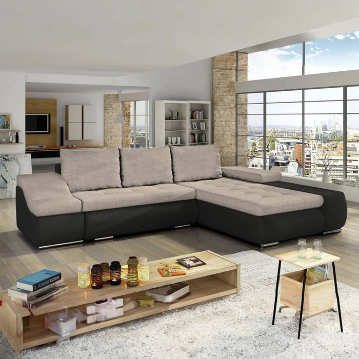 LOHAN Canapé d’angle convertible coffre de rangement en tissu beige et simili noir – Angle Droit