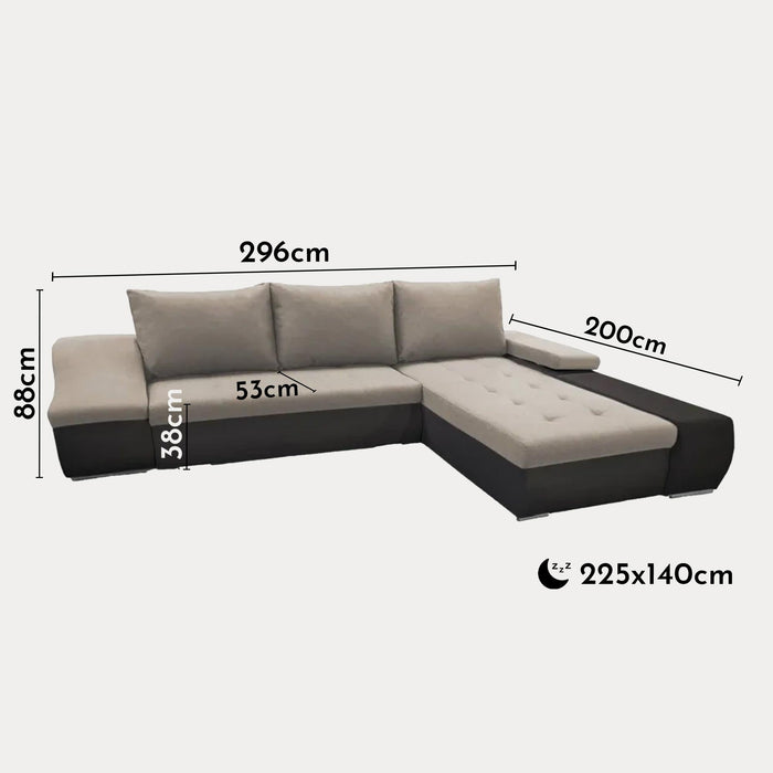 LOHAN Canapé d’angle convertible coffre de rangement en tissu beige et simili noir – Angle Droit