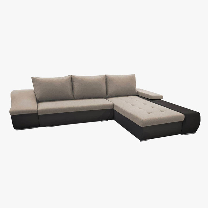 LOHAN Canapé d’angle convertible coffre de rangement en tissu beige et simili noir – Angle Droit