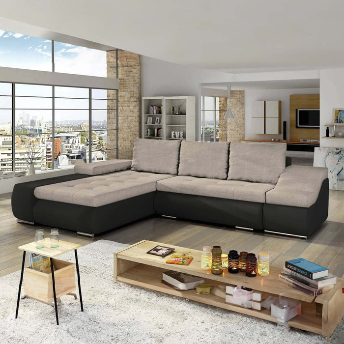 LOHAN Canapé d’angle convertible coffre de rangement en tissu beige et simili noir – Angle Gauche