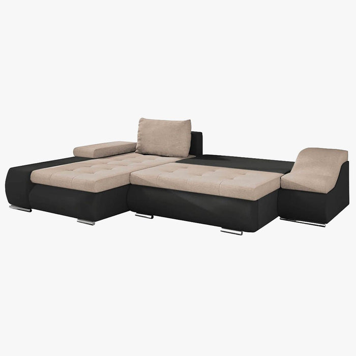 LOHAN Canapé d’angle convertible coffre de rangement en tissu beige et simili noir – Angle Gauche