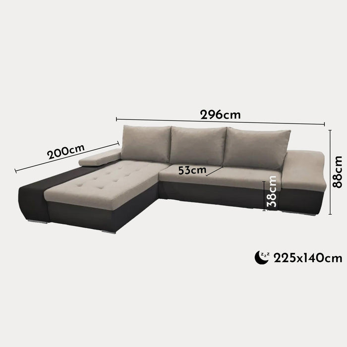 LOHAN Canapé d’angle convertible coffre de rangement en tissu beige et simili noir – Angle Gauche
