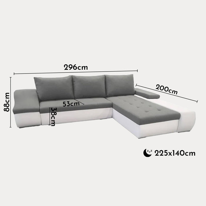 LOHAN Canapé d'angle convertible coffre de rangement gris et blanc - Angle Droit
