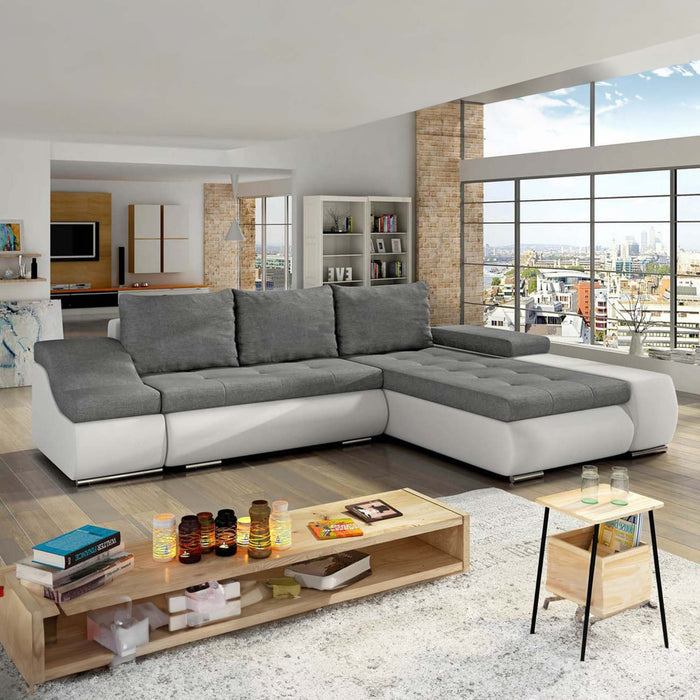 LOHAN Canapé d'angle convertible coffre de rangement gris et blanc - Angle Droit