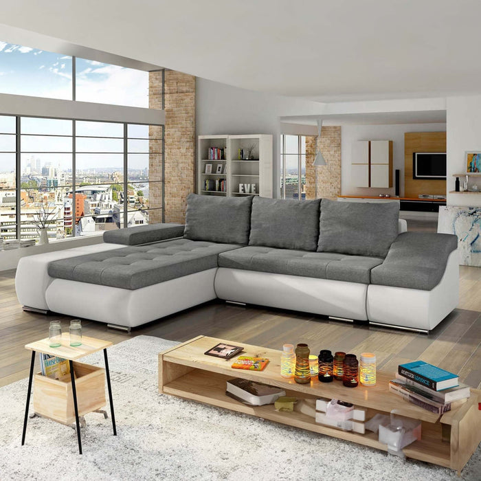 LOHAN Canapé d'angle convertible coffre de rangement gris et blanc - Angle Gauche