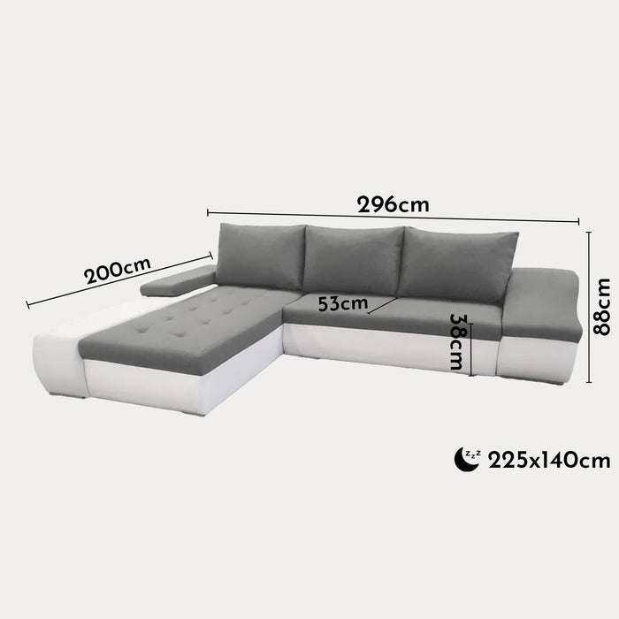 LOHAN Canapé d'angle convertible coffre de rangement gris et blanc - Angle Gauche