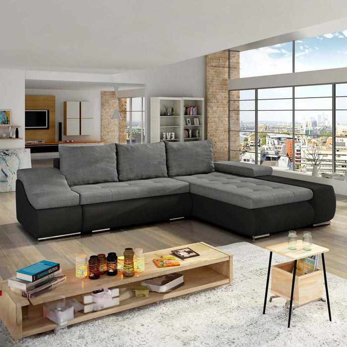 LOHAN Canapé d'angle convertible coffre de rangement gris et noir - Angle Droit