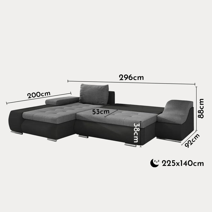 LOHAN Canapé d'angle convertible coffre de rangement gris et noir - Angle Gauche