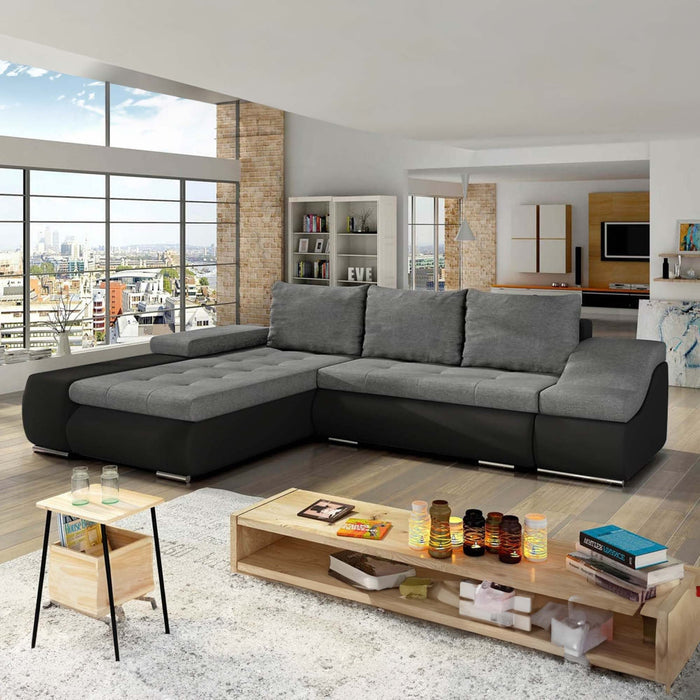 LOHAN Canapé d'angle convertible coffre de rangement gris et noir - Angle Gauche