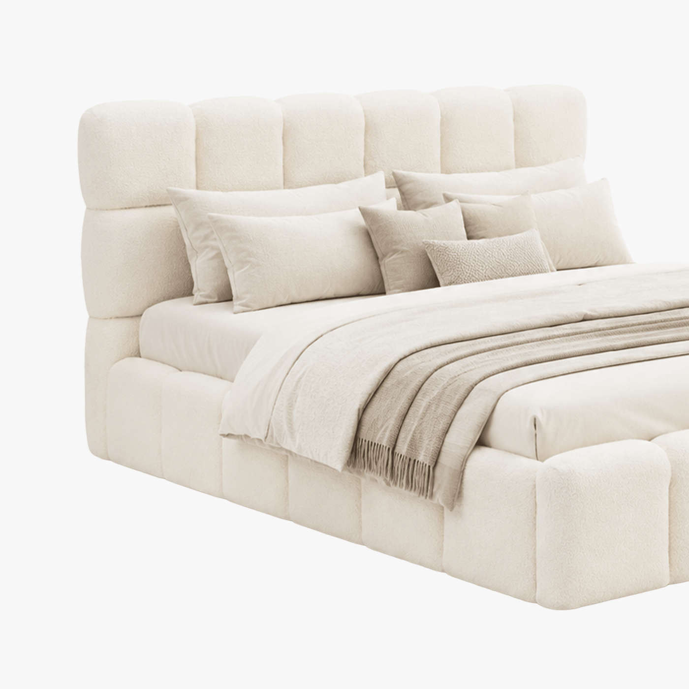 LORY Lit double en tissu bouclette beige avec coffre 160x200 cm - Lits - Mobilier Deco