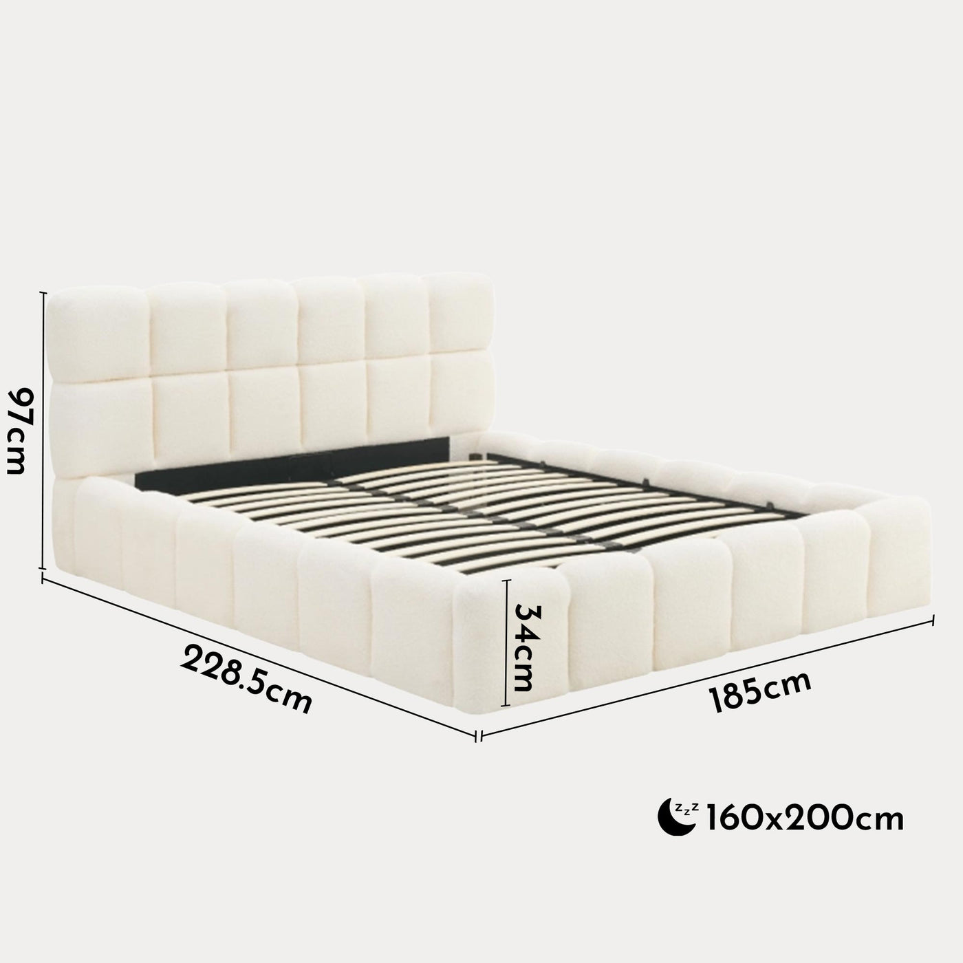 LORY Lit double en tissu bouclette beige avec coffre 160x200 cm