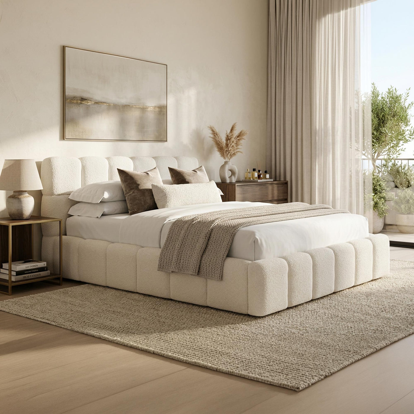 LORY Lit double en tissu bouclette beige avec coffre 160x200 cm