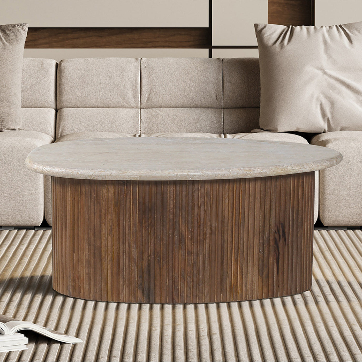LOUIS Table basse en travertin et bois de manguier 90 cm - Table basse - Mobilier Deco