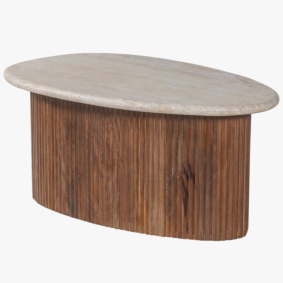 LOUIS Table basse en travertin et bois de manguier 90 cm - Table basse - Mobilier Deco