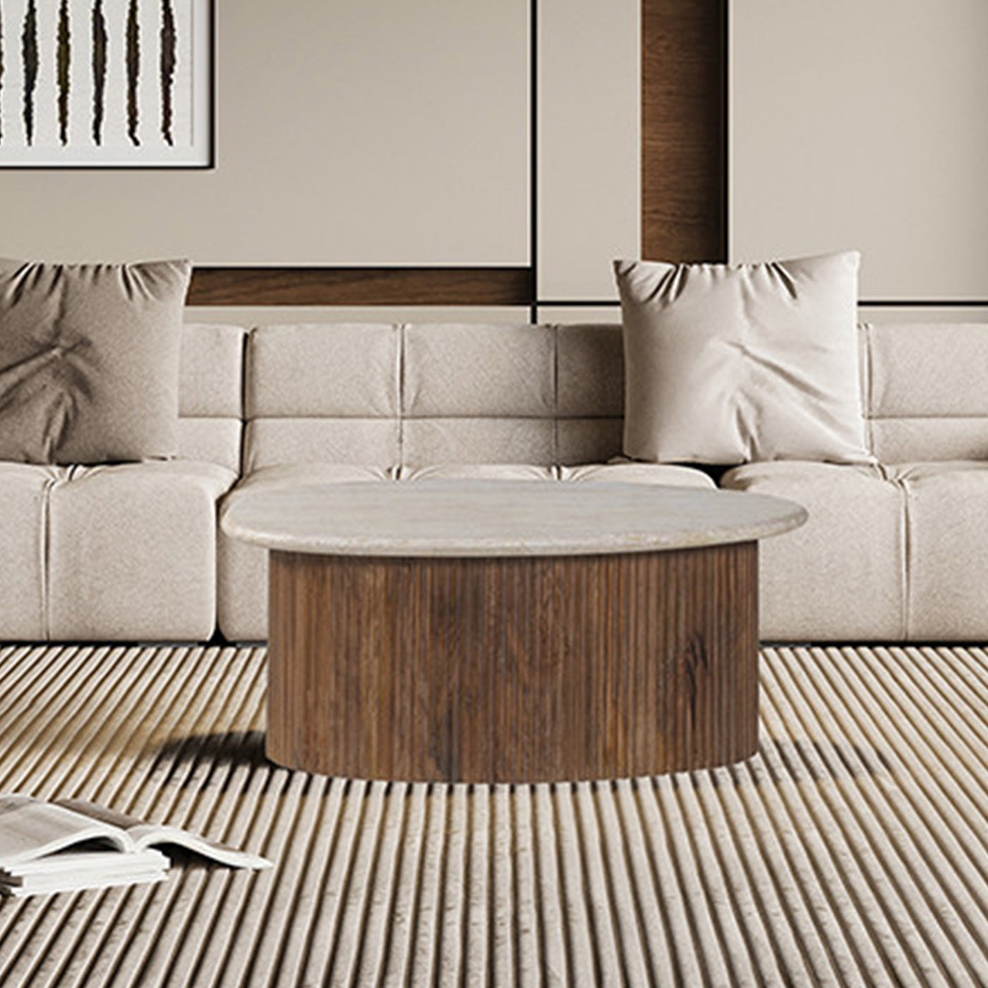 LOUIS Table basse en travertin et bois de manguier 90 cm