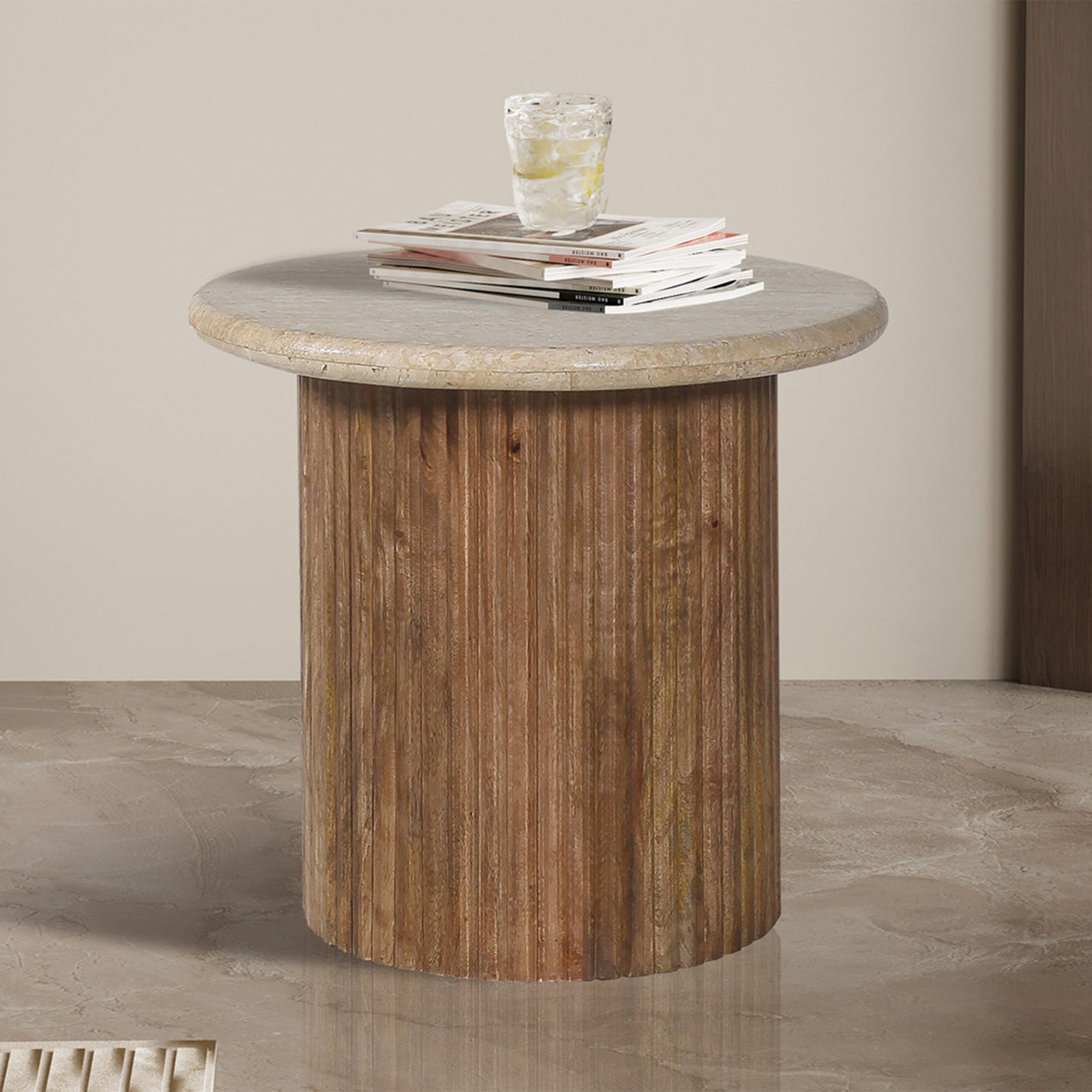 LOUIS Table d'appoint en travertin et bois de manguier 50 cm