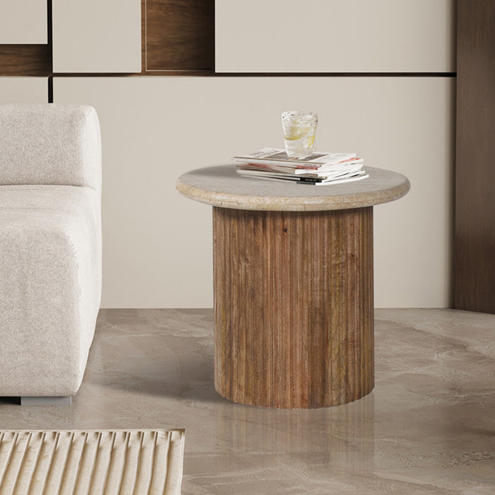 LOUIS Table d'appoint en travertin et bois de manguier 50 cm