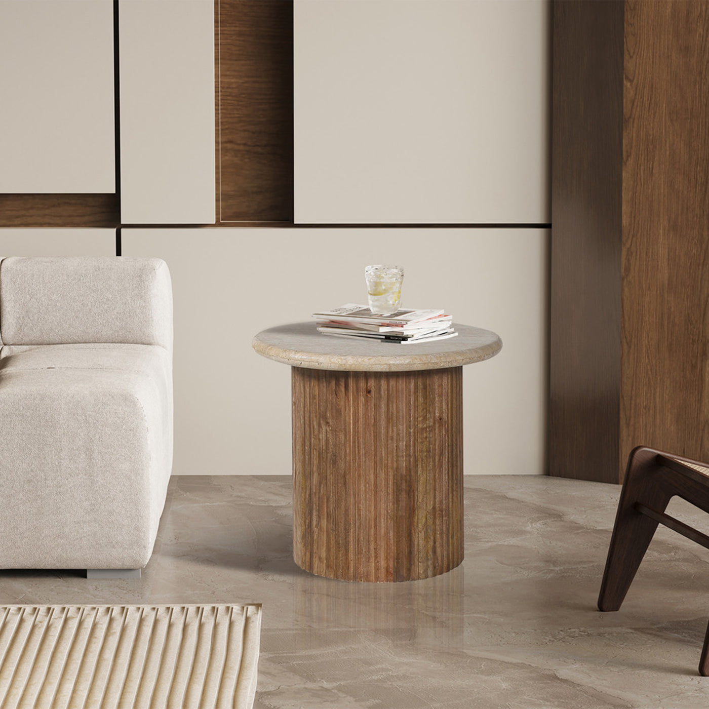 LOUIS Table d'appoint en travertin et bois de manguier 50 cm