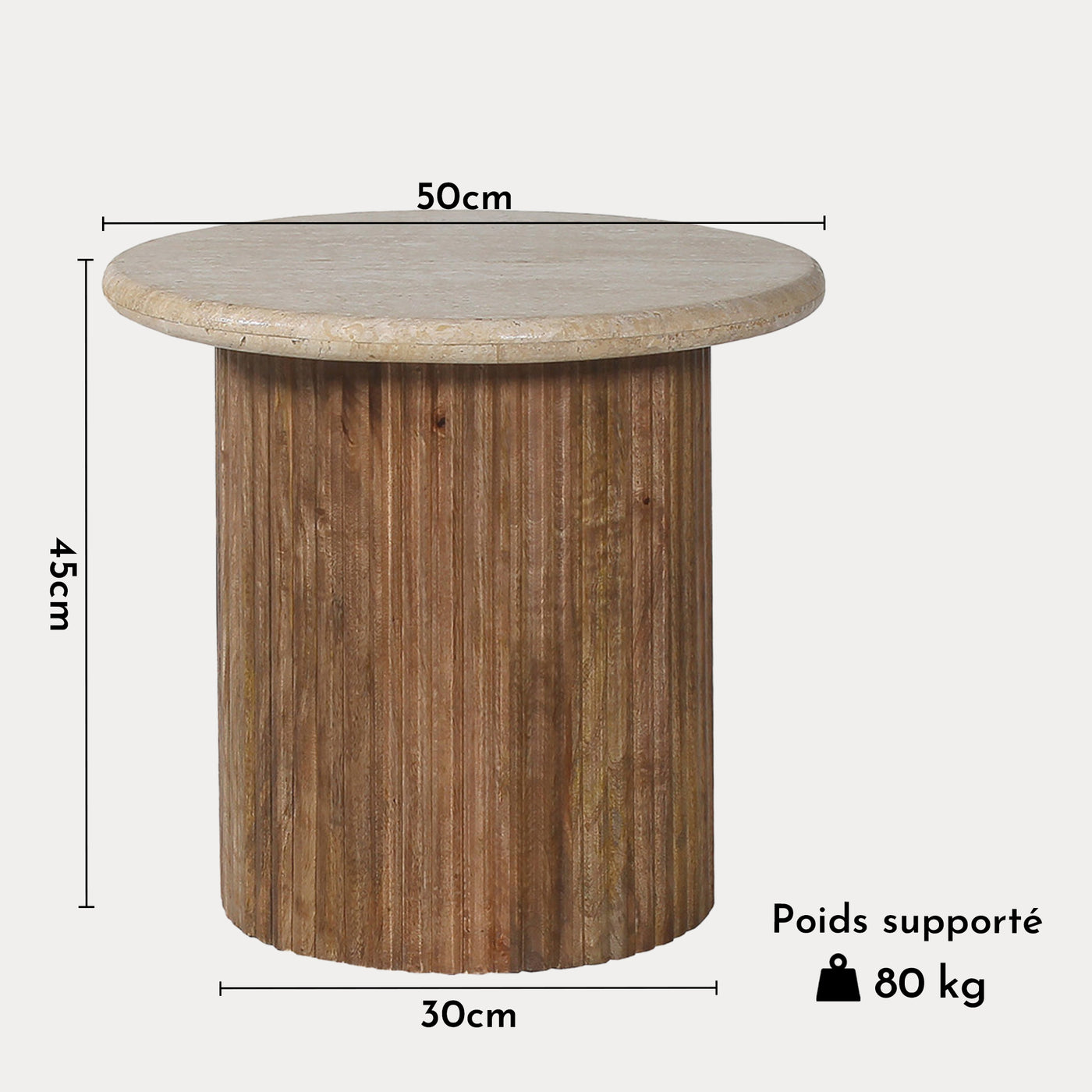 LOUIS Table d'appoint en travertin et bois de manguier 50 cm
