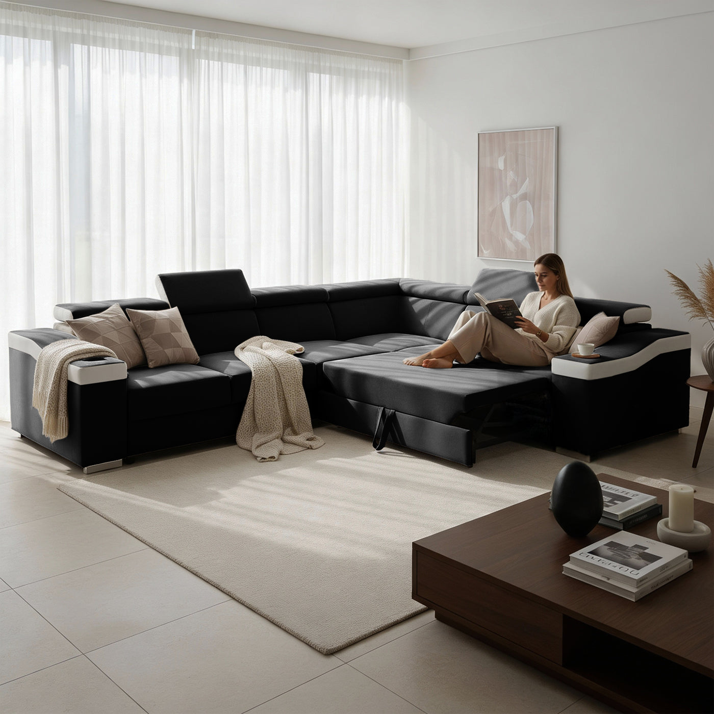 LUCKY Canapé d’angle convertible réversible en tissu noir et simili blanc