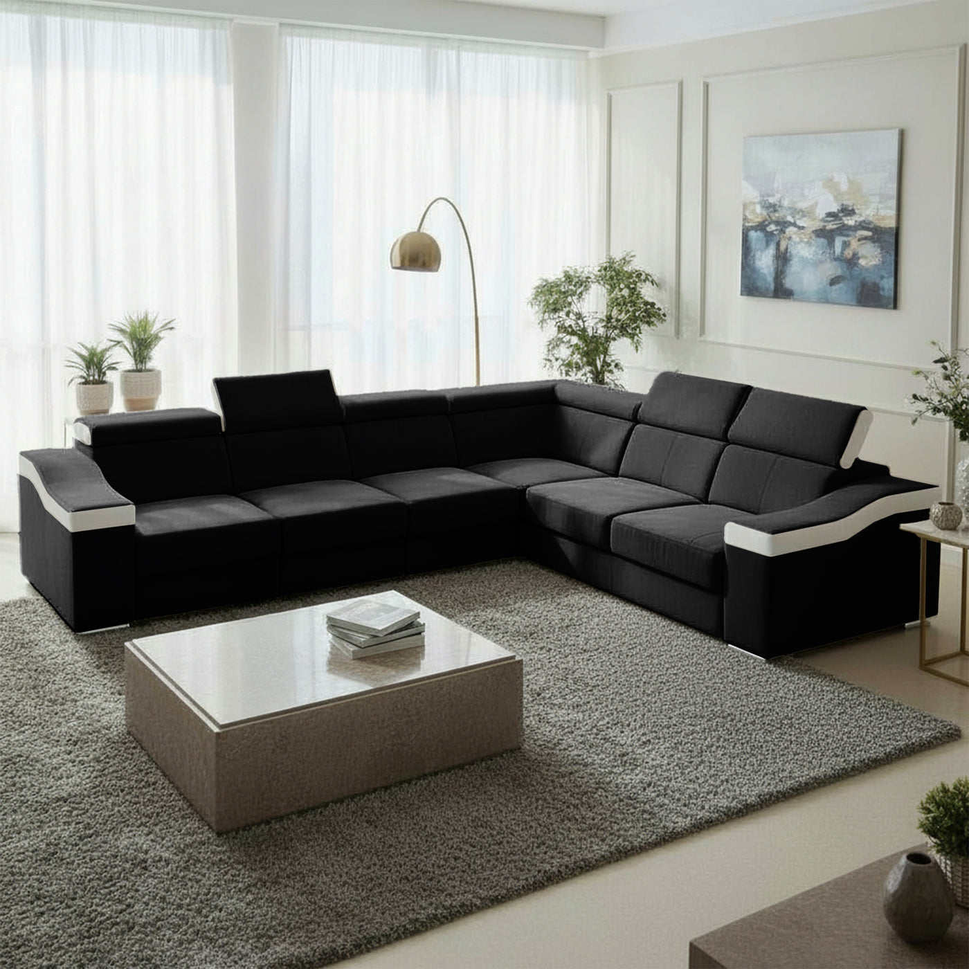 LUCKY Canapé d’angle convertible réversible en tissu noir et simili blanc