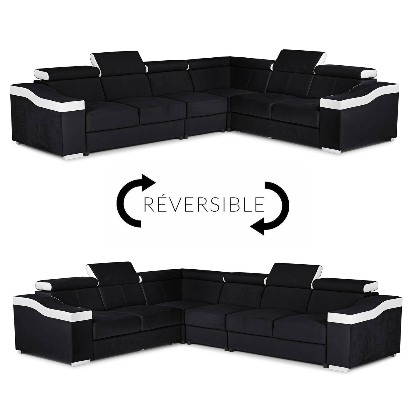 LUCKY Canapé d’angle convertible réversible en tissu noir et simili blanc