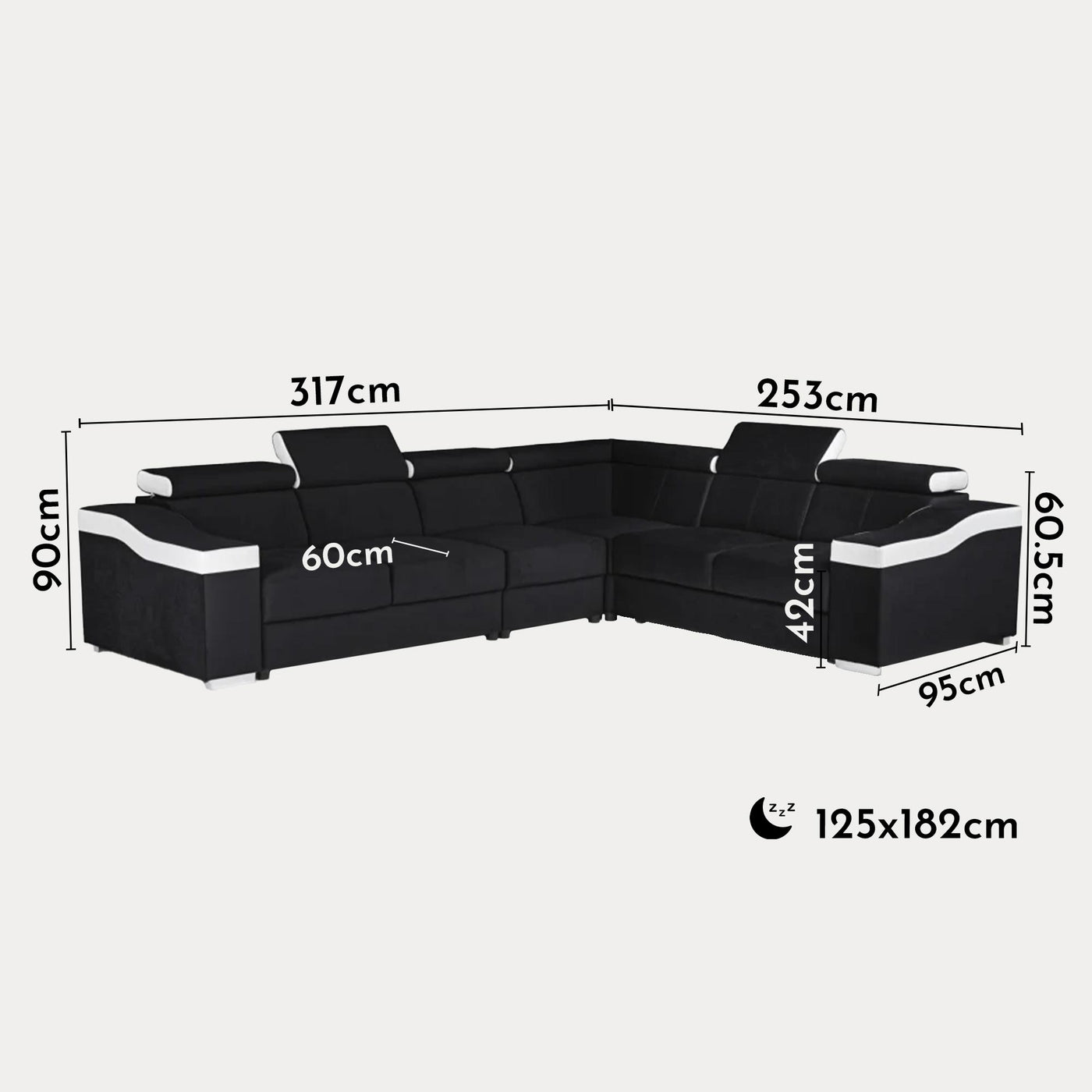 LUCKY Canapé d’angle convertible réversible en tissu noir et simili blanc