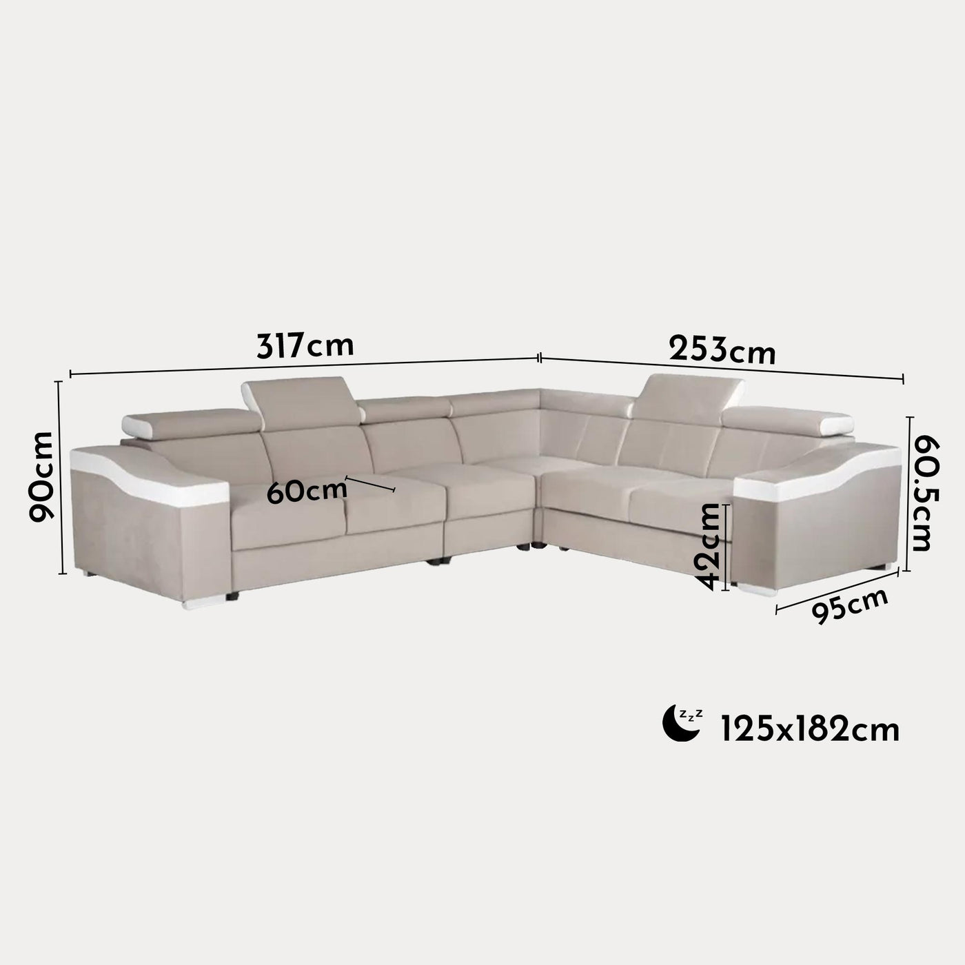 LUCKY Canapé d’angle convertible réversible en tissu velours beige et simili cuir blanc