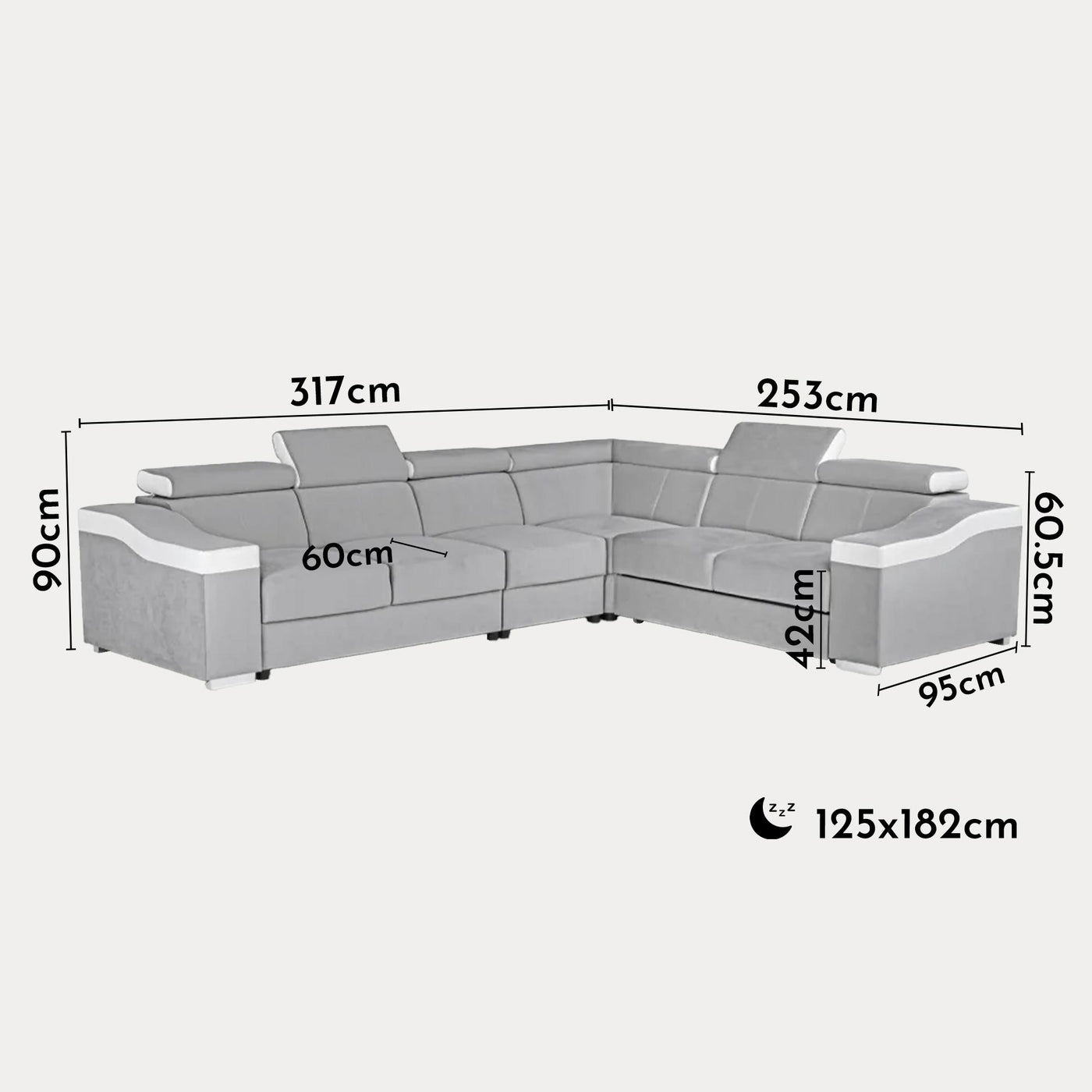 LUCKY Canapé d’angle convertible réversible en tissu velours gris clair et simili cuir blanc