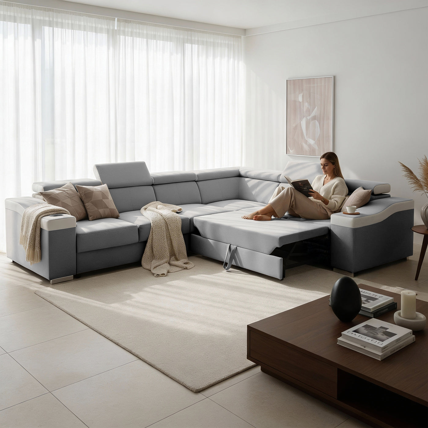 LUCKY Canapé d’angle convertible réversible en tissu velours gris clair et simili cuir blanc