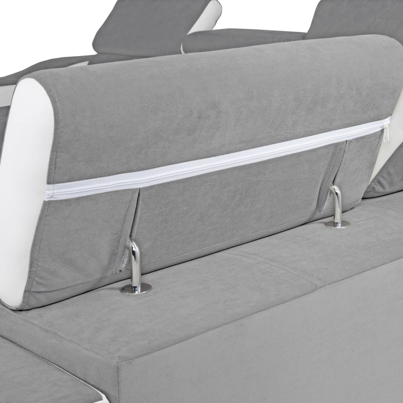 LUCKY Canapé d’angle convertible réversible en tissu velours gris clair et simili cuir blanc
