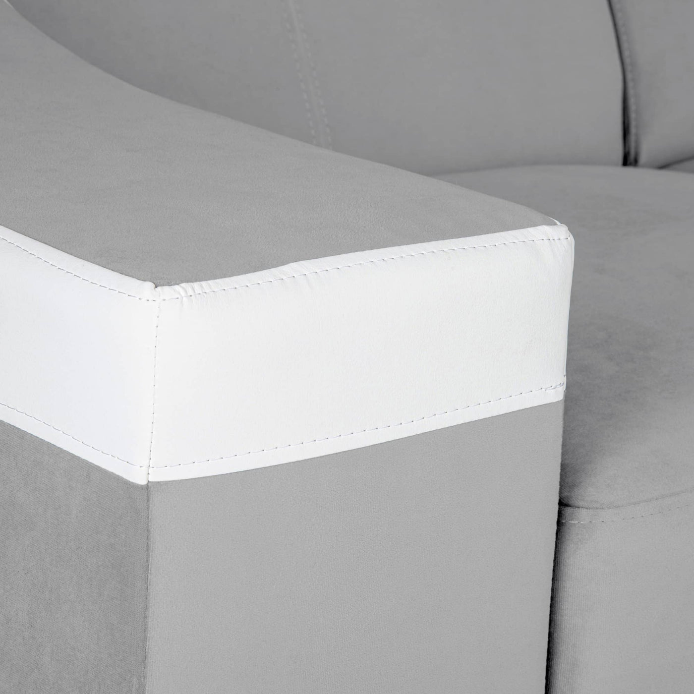 LUCKY Canapé d’angle convertible réversible en tissu velours gris clair et simili cuir blanc