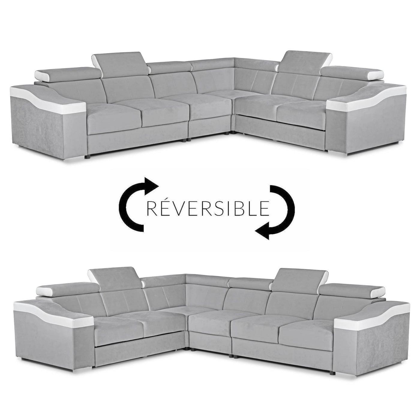 LUCKY Canapé d’angle convertible réversible en tissu velours gris clair et simili cuir blanc