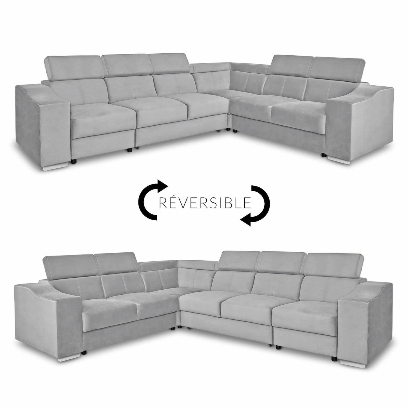 LUCKY Canapé d’angle convertible réversible en tissu velours gris clair
