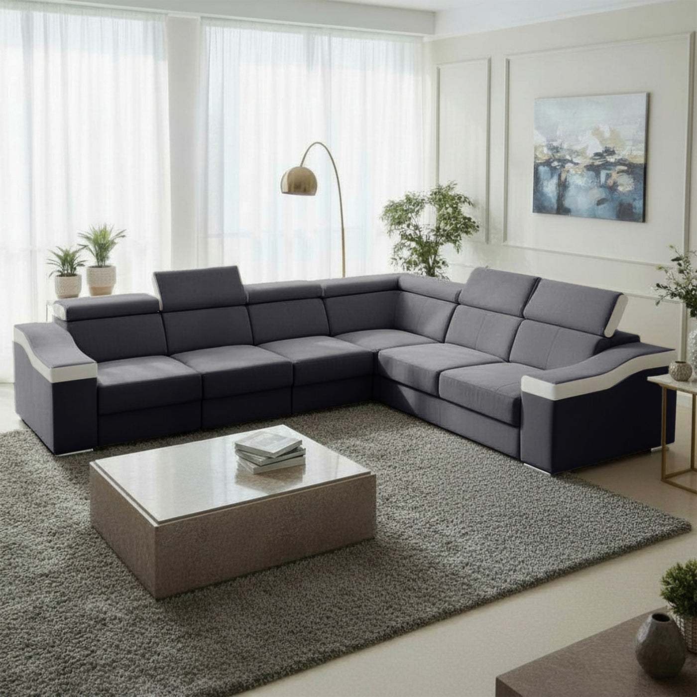 LUCKY Canapé d’angle convertible réversible en tissu velours gris et simili cuir blanc
