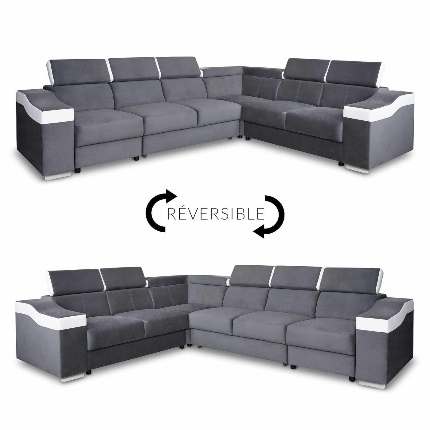LUCKY Canapé d’angle convertible réversible en tissu velours gris et simili cuir blanc