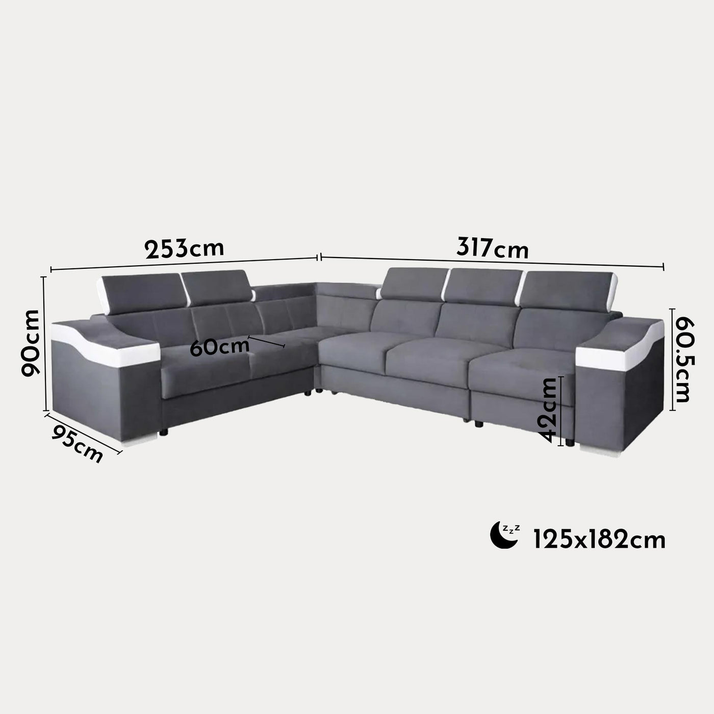 LUCKY Canapé d’angle convertible réversible en tissu velours gris et simili cuir blanc