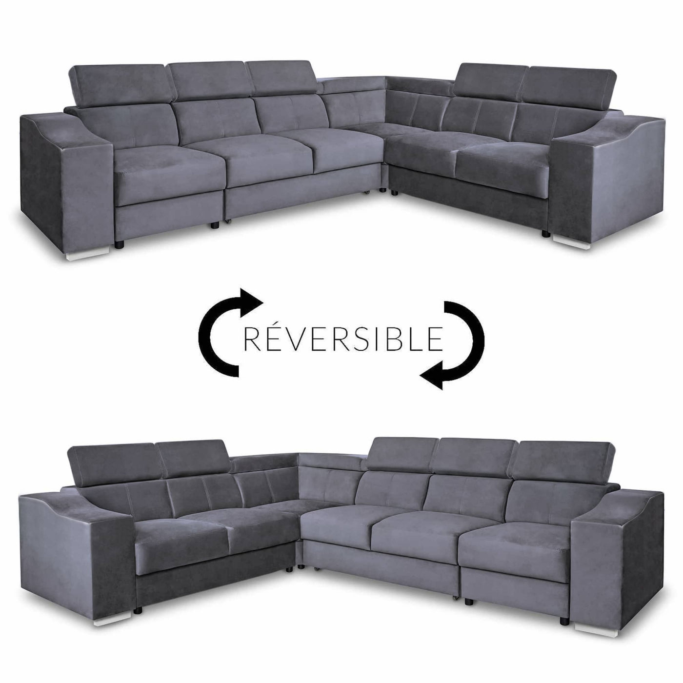 LUCKY Canapé d’angle convertible réversible en tissu velours gris