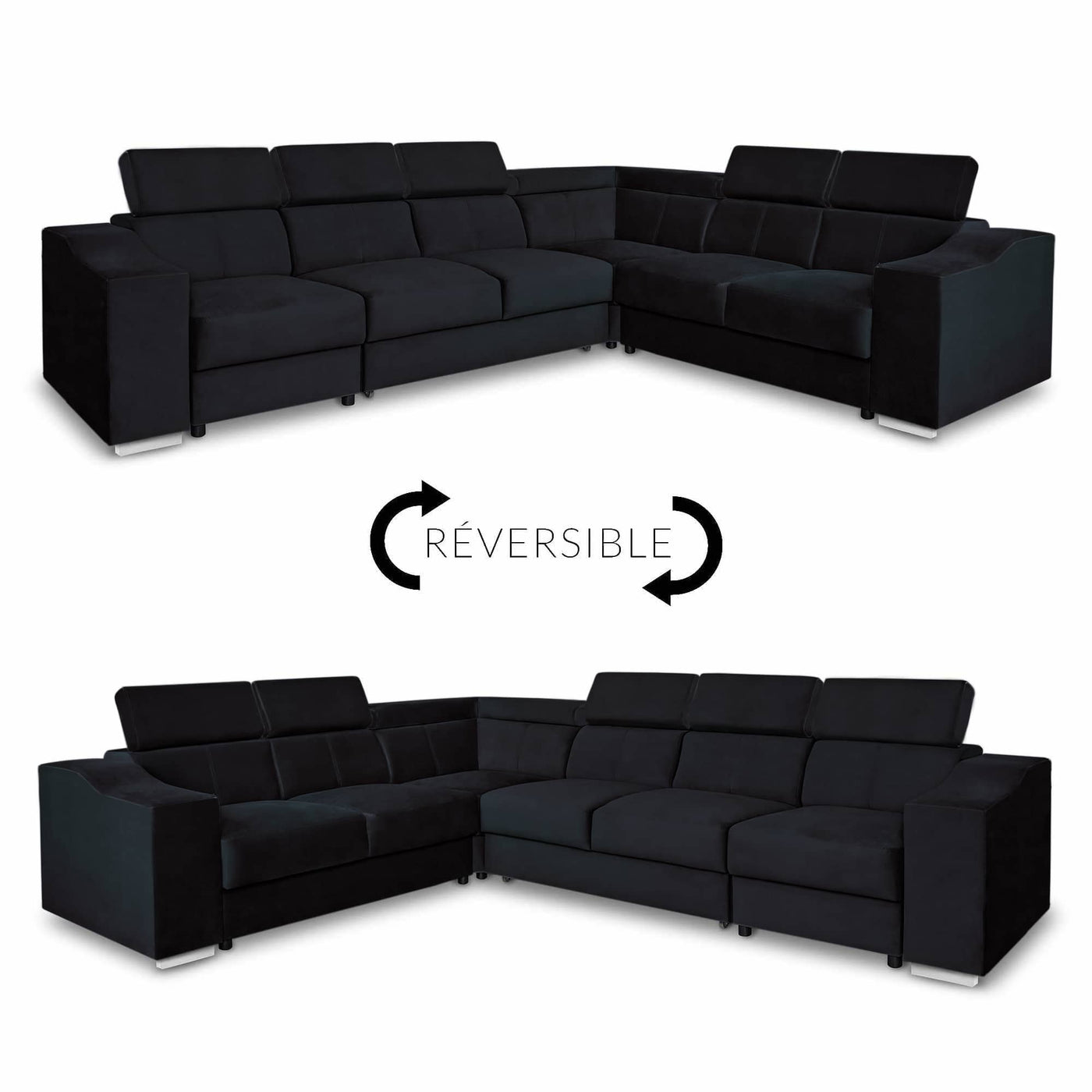 LUCKY Canapé d’angle convertible réversible en tissu velours  noir