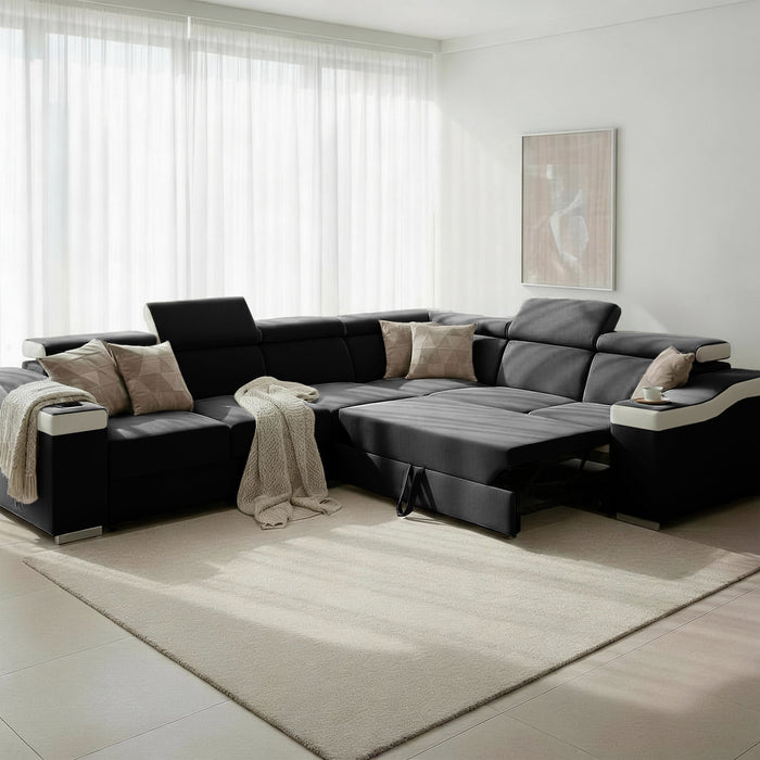 LUCKY Canapé d’angle convertible réversible en tissu noir et simili blanc